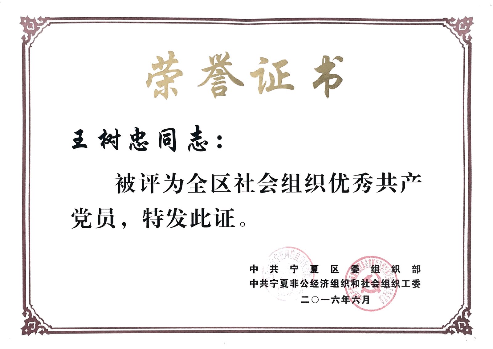 2016 · 王树忠 · 2016全区社会组织优秀党员